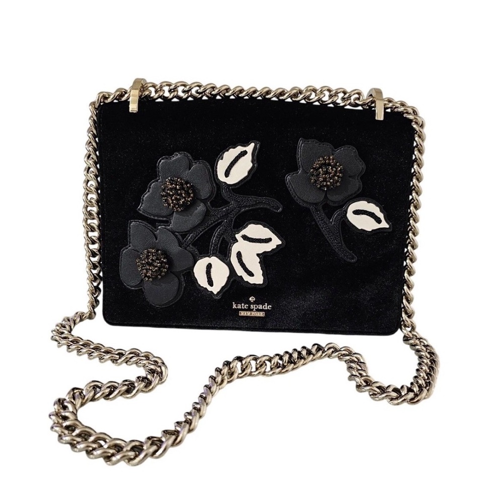 kate spade Black Floral Appliqué Small Cameron St Bag Marci with Gold Chain